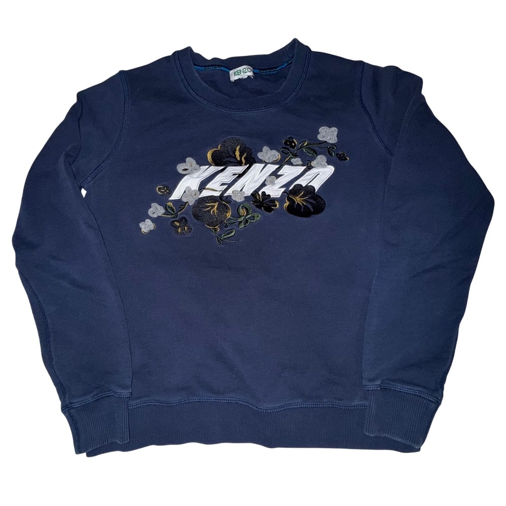 Kenzo Sweatshirt 10? Navy Blue Floral‎ Embroidered Logo Crewneck Pullover Luxury